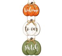3 Piece Fall Pumpkin Door Sign, Wooden Pumpkins Thanksgiving Day Hanging Decor with Raffia Bow, Welcome to our Patch Sign for Farmhouse Front Door Porch Wall Autumn Harvest Home Decorations