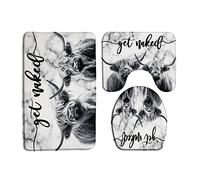 3 Piece Farmhouse Highland Cow Bath Mat Set Get Naked Western Funny Farm Animal Portrait of Longhorn Bull Rustic 16x24 Inches Bathroom Doormat Rugs,Toilet Seat Cover,U-Shaped Floor Mat