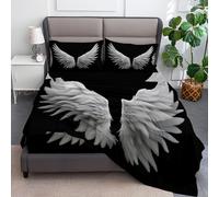 3-Piece Fitted Sheet Single Bed Set - 3D Angel Wings Simple Extra Deep 30cm Soft Microfibre Fitted Sheet, Wrinkle-Resistant, with 2 Pillowcases, Easy Care Bedding for All Seasons, Black