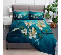 3-Piece Fitted Sheet Single Bed Set - Oil Painting Plant And Flower Extra Deep 30cm Soft Microfibre Fitted Sheet, Wrinkle-Resistant, with 2 Pillowcases, Easy Care Bedding for All Seasons, Turquoise