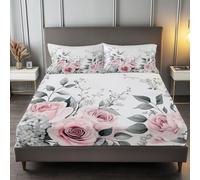 3-Piece Fitted Sheet Single Bed Set - Watercolor Roses And Peonies Extra Deep 30cm Soft Microfibre Fitted Sheet, Wrinkle-Resistant, with 2 Pillowcases, Easy Care Bedding for All Seasons, Grey