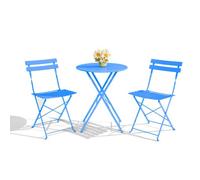 3 Piece Foldable Metal Bistro Set, Collapsible Table & 2 Patio Chairs, Space Saving For Balcony Garden Small Patio, Blue