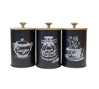 3-Piece Food Storage Tin, Iron Canister Set with Lids, Kitchen Storage Jars, Airtight Storage Containers for Tea, Coffee, Sugar, Spices -Decorative Kitchen,Pantry Organizer (Black)