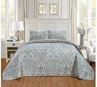 3-Piece Full Size Quilt Set Velvet Bedspread Coverlet Fine Printed Warm Winter Bed Cover (Pale Blue, Light Grey, Paisley)