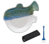 3-Piece Garlic Grater Plate Set with Black Garlic Peeler and Cleaning Brush, Ceramic Grater Plate, for Kitchen Ingredient Preparation, Fish Shaped Manual Kitchen Gadget for Ginger and Garlic Paste