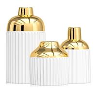 3 Piece Gold Ceramic Vases for Home Decor,Modern Decorative Vases for Flowers, Pampas Grass & Eucalyptus,Ribbed Aesthetic Set for Mantel,Shelf,Gifts for Interior Designers & Minimalists (White)