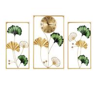 3 Piece Gold Metal Wall Clock Art Set, Ginkgo Leaf Decorative Silent Wall Clock with 2 Matching Wall Paintings, Modern Minimalist Large Wall Decor Clock for Living Room Bedroom Home Decor