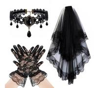 3 Piece Gothic Choker and Lace Veil Set,Choker Necklaces for Women,Black | Lace Veil,Bridal Wedding Veils Tulle Halloween Veil with Short Lace Gloves,for Halloween Day of the Dead Costume Accessory