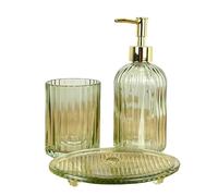 3 Piece Green Ribbed Glass Bathroom Sink Accessories Set Liquid Soap Lotion Dispenser Tumbler/Toothbrush Holder Cup Oval Soap Dish