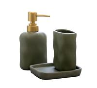 3 Piece Green Ripple Stoneware Bathroom Accessories Set - Soap Dish, Soap Dispenser, Toothbrush Holder
