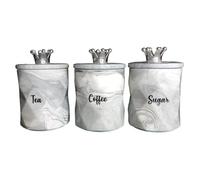 3-Piece Grey Marble Coffee, Tea & Sugar Canister Set Ceramic Airtight Kitchen Storage Jars with Crown Lid - Marble Design Containers for Modern Kitchen -15x11 cm