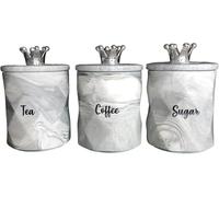 3-Piece Grey Marble Effect Coffee, Tea & Sugar Canister Set Ceramic Airtight Kitchen Storage Jars with Silver Crown Lid - Marble Design Containers for Modern Kitchen - 15x11cm