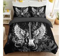 3 Piece Guitar Wing Dynamic Duvet Cover Set 135 x 200 cm Bedding Set with Fitted Sheet & Pillowcases Single Soft Breathable Reversible Microfiber Quilt Cover Set Black Bed Rock Music