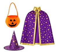 3 Piece Halloween Costume Set, Purple Witch Cape with Hat and Pumpkin Bag, Kids Witch Costume for Girls, Halloween Costumes for Kids, Wicked Costume Accessories, Trick or Treat Outfit