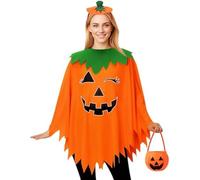 3 - Piece Halloween Pumpkin Costume Set - Glow in the Dark Pumpkin Poncho with Green Collar, Pumpkin Headband & Treat Bag for Halloween Parties（adult）