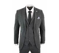 3 Piece Herringbone Tweed Suit Infinity Leather Charcoal 36R