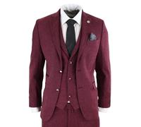 3 Piece Herringbone Wool Tweed Retro Suit Infinity Leather Wine 44R