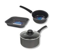 3-Piece Home Starter Cookware Set, 18cm Non-Stick Saucepan, 15cm Non-Stick Milk Pan, 21cm Square Baking Pan, UK Made Perfect for University