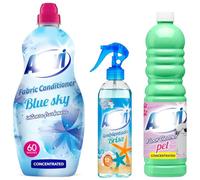 3 Piece Household Spanish Cleaning Products Giftset - Ocean Breeze Air Freshener 400ml, Pet Disinfectant Floor Cleaner 1L, Blue Sky Fabric Softener Conditioner 60 Washes - Home & Laundry Care