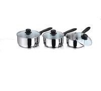 3 Piece Induction Stainless Steel Saucepan Set with Glass Lids, 16/18/20cm, Polish Finish, Black Phenolic Handle