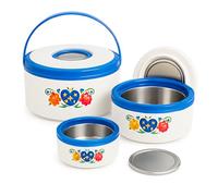 3-Piece Insulated Hot Pot Set - 1500ml/2500ml/5000ml - White & Blue Floral Design | Stainless Steel Inner | Thermal Food Warmer Containers with Handle | Ideal for Home, Parties & Gifting