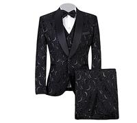 3 Piece Jacquard Suit for Men Tuxedo Set Cashmere Lapel Shawl 1 Button Jacket Slim Elegant Pants Vest with Bow Tie, Black, XL