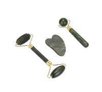 3-Piece Jade Facial Massage Set - Dark Green Gua Sha & Jade Roller Kit for Skincare (Dark Green)