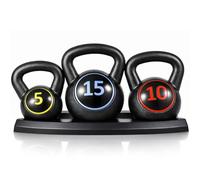 3 Piece Kettlebell Set 5/10/15 lb with Storage Rack, Vinyl Coated Kettlebells with Wide Non-Slip Handles, Flat Base Free Weights for Home Gym, Strength Training, HIIT, Fitness Workout