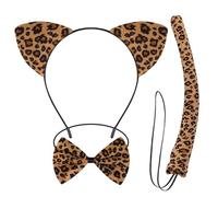 3-Piece Leopard Ears Headband and Tail Set, Adorable Leopard Print Headband, Bow Tie and Tail, Animal Dress Up Accessories for Halloween Carnival Role Play