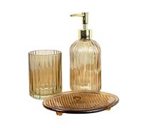 3 Piece Light Brown Ribbed Glass Bathroom Sink Accessories Set Liquid Soap Lotion Dispenser Tumbler/Toothbrush Holder Cup Oval Soap Dish