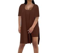 3 Piece Lounge Wear Sets Women Petite Pjs for Women Sets Gym Set Pyjamas Linen Two Piece Womens Women's 2 Outfits Travel Outfit Sleepwear Ladies Loungewear UK Crochet Short Tshirt Oversized T Coffee