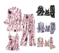 3 Piece Loungewear Sets For Women Pjs, Womens Satin Pyjamas Set Lightweight Loose Nightwear Sets Vintage Nightdress Bathrobe Sleepwear Set Fashion Floral Print Homewear Sets Pajamas Sets Beige