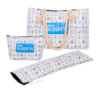 3-Piece Mahjong Bag Set - Tote, Tile Pouch & Rack Sleeve, Blue White Floral Pattern, Cotton Linen/Oxford Fabric, Fits American Mahjong Tiles & Racks - Travel Storage for Game Accessories