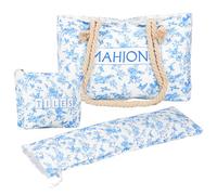 3-Piece Mahjong Bag Set - Tote, Tile Pouch & Rack Sleeve, Blue White Floral Pattern, Cotton Linen/Oxford Fabric, Fits American Mahjong Tiles & Racks - Travel Storage for Game Accessories