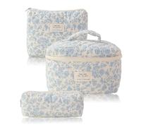 3-Piece Makeup Bag Set, Large Size Quilted Bag with Zipper Portable Floral Print Fabric Cosmetic Bags Large Capacity Toiletry Bags for Women and Girls Home Travel