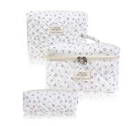 3-Piece Makeup Bag Set, Large Size Quilted Bag with Zipper Portable Floral Print Fabric Cosmetic Bags Large Capacity Toiletry Bags for Women and Girls Home Travel