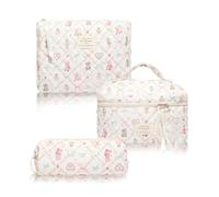3-Piece Makeup Bag Set, Large Size Quilted Bag with Zipper Portable Floral Print Fabric Cosmetic Bags Large Capacity Toiletry Bags for Women and Girls Home Travel