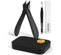 3-Piece Nail Clipper Set for Thick Nails - Heavy Duty Toenail Clippers with Nail File & Cuticle Pusher - Ergonomic Grip, Wide Jaw Design with Catcher (Black)