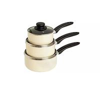 3-Piece Non-Stick Aluminium Saucepan Set, Cream Colour with Glass Lids, Black Handles