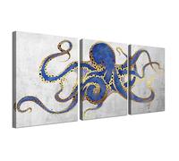 3 Piece Octopus Wall Art Painting Navy Blue Marine Animal Picture Print On Canvas Ocean Life Poster for Bathroom Bedroom Home Decor Decoration Gift Easy to Hang 12"x16"x3PCS