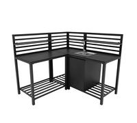 3 Piece Outdoor Kitchen Modular Configuration Corner Unit Sink & Table Aluminium Anthracite Grey & Wood Countertop Sets Steel Sink Cold Tap Adjustable Storage Shelves Cupboard Outdoor Prep Area