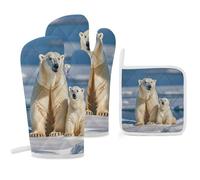 3-Piece Oven Mitts and Pot Holder Set, Heat Resistant Kitchen Oven Glove Potholder, 2 Polar Bears Oven Mitt Hot Pads for Kitchen, Grilling, Baking & BBQ