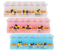 3-Piece Pack, Weekly Pill Reminder Box - 7-Day 2-Times-A-Day Pastel Transparent Pill Organizer with Snap-Top Lids, 14-Slot Daily Dispenser for Morning & Night Doses