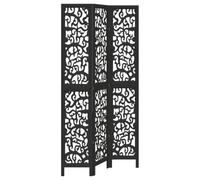 3-Piece Paravent Room Divider Black Paulownia Solid Wood, Foldable and Freestanding, 105-110 x 220 cm, Privacy Screen Divider for Living Room, Bedroom, Office with Filigree Pattern