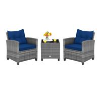 3 Piece Patio Rattan Sofa Set Backyard Outdoor Wicker Conversation Set COSTWAY Navy One Size