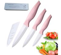 3-Piece Pink Ceramic Knife Set - 5in Veggie, 4in Fruit, 3in Peeling Knife - Beef, Chicken, Vegetable, Bread (Pink)