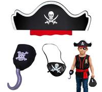 3-Piece Pirate Accessories Set, Boys Girls Pirate Dress Up with Hat, Eye Patch and Hook, Halloween Costume for Children, Role Play Pretend Game, Birthday Party Theme Outfit
