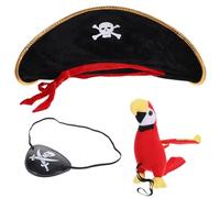 3 Piece Pirate Costume Set - Shoulder Parrot, Hat & Eye Patch, One-Size Plush Accessories for Kids Adults, Halloween Fancy Dress Cosplay, Reusable Party Props, UK Stock