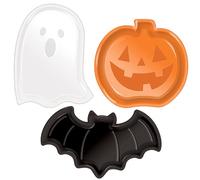 3-Piece Plastic Halloween Plates & Serving Tray - Cute Bat, Ghost & Pumpkin Designs - Portable, Ideal for Foods, Snacks & Treats