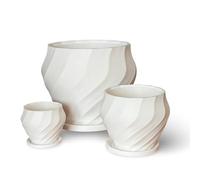 3 Piece Plastic PLA Plant Pots Indoor Outdoor, Plant Pots with Drainage Holes and Saucers, A Set of 3 Flower Pot Holders, Modern Decorative Planters, White